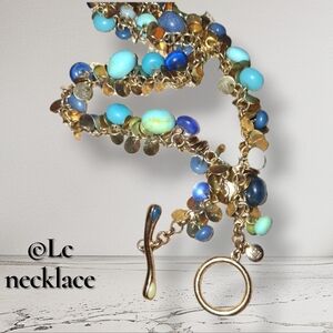 Lc gemstone beaded Signed disk necklace toggle clasp gold and blues